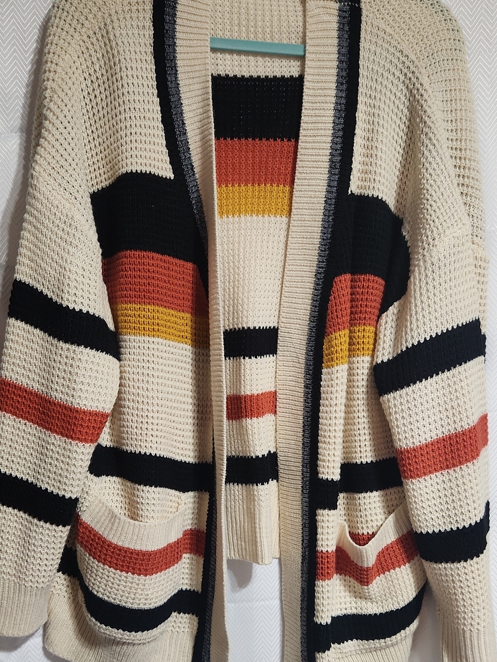 2XL SHEIN Cream Open-Front Knit Cardigan with Black, Rust and Yellow Stripes